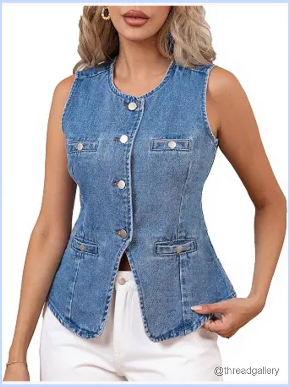 Sleeveless Denim Vest Women Fitted Button Down Crop Jean Waistcoat